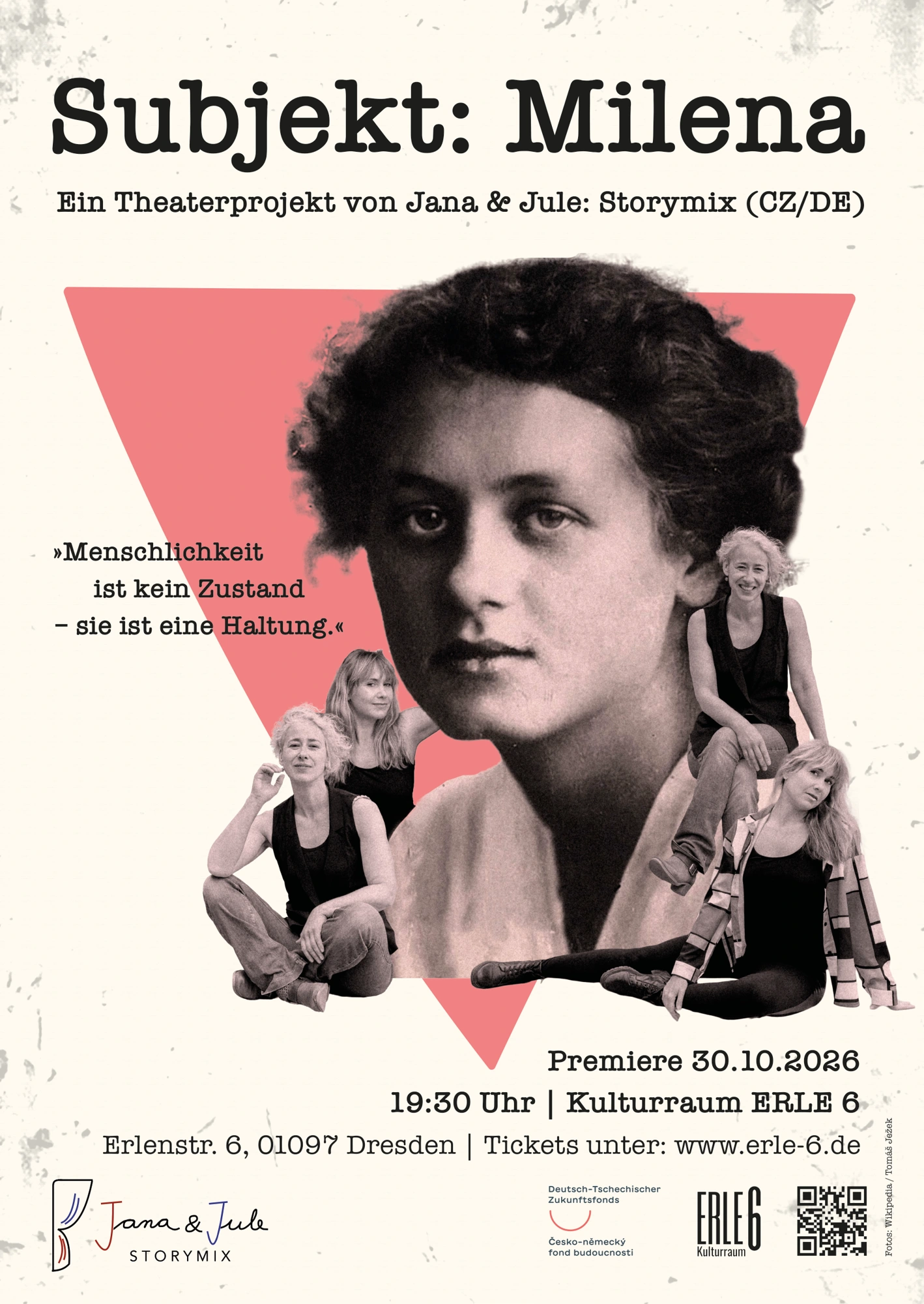 Vollständiges Plakat zu Subjekt: Milena mit einem Porträt von Milena Jesenská und Informationen zur Dresdner Premiere